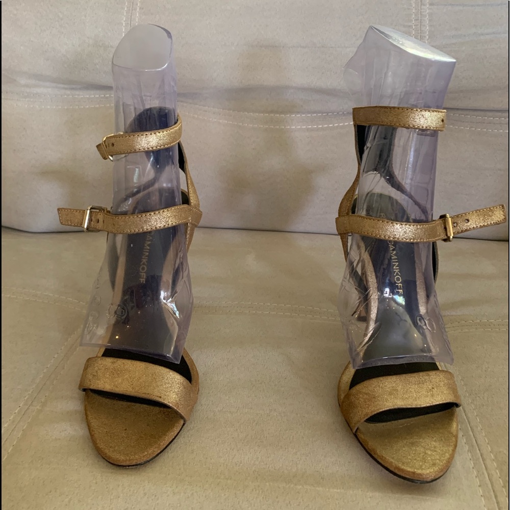 Rebecca Minkoff gorgeous gold distressed suede ankle strap stilettos. NWOT